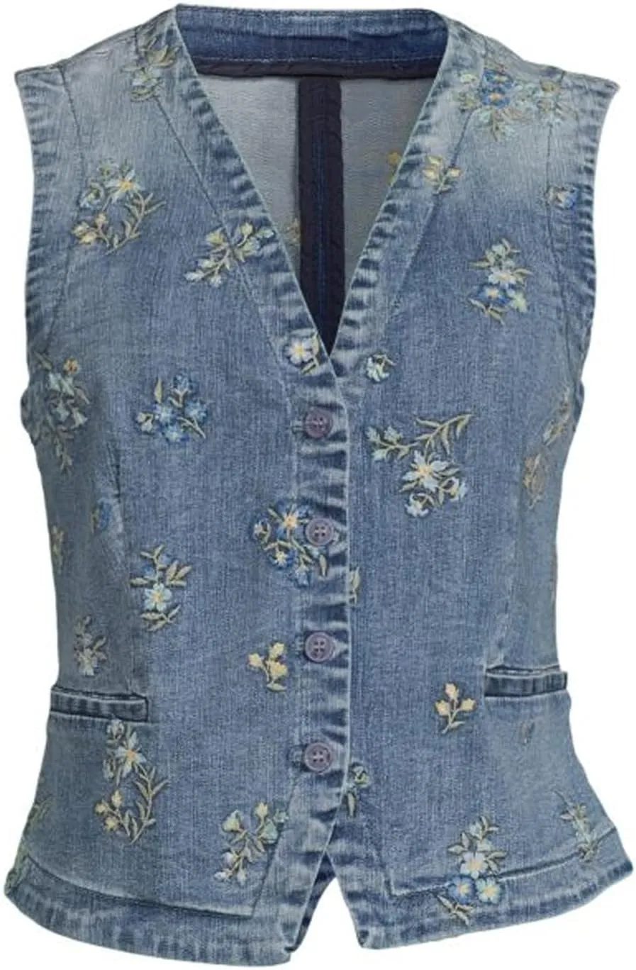SCOFEEL Women's Denim Vest Top Embroidery Button Down V Neck Slim Fitted Jean Vest Summer Casual Sleeveless Jacket