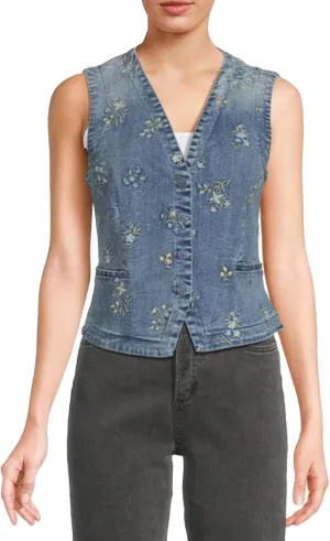 SCOFEEL Women's Denim Vest Top Embroidery Button Down V Neck Slim Fitted Jean Vest Summer Casual Sleeveless Jacket