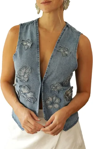 SCOFEEL Women's Denim Vest Top Embroidery Button Down V Neck Slim Fitted Jean Vest Summer Casual Sleeveless Jacket