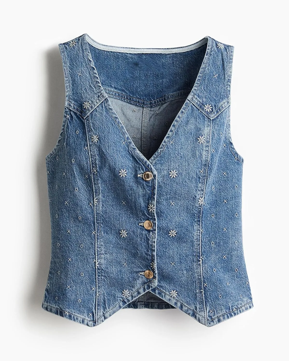 SCOFEEL Women's Denim Vest Top Embroidery Button Down V Neck Slim Fitted Jean Vest Summer Casual Sleeveless Jacket