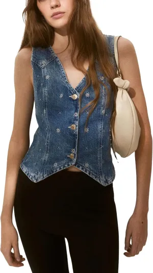 SCOFEEL Women's Denim Vest Top Embroidery Button Down V Neck Slim Fitted Jean Vest Summer Casual Sleeveless Jacket