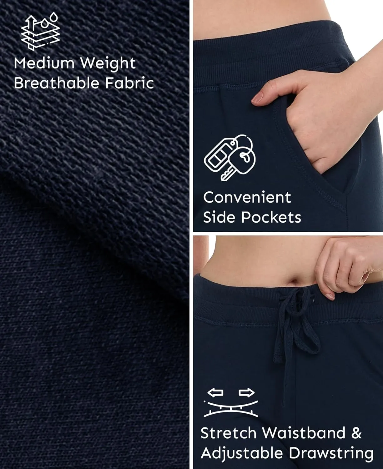 Sexy Basics French Terry Jogger Pants|Cotton Comfort | Capri Length Drawstring Sweat Pants | Multi Packs & Colors