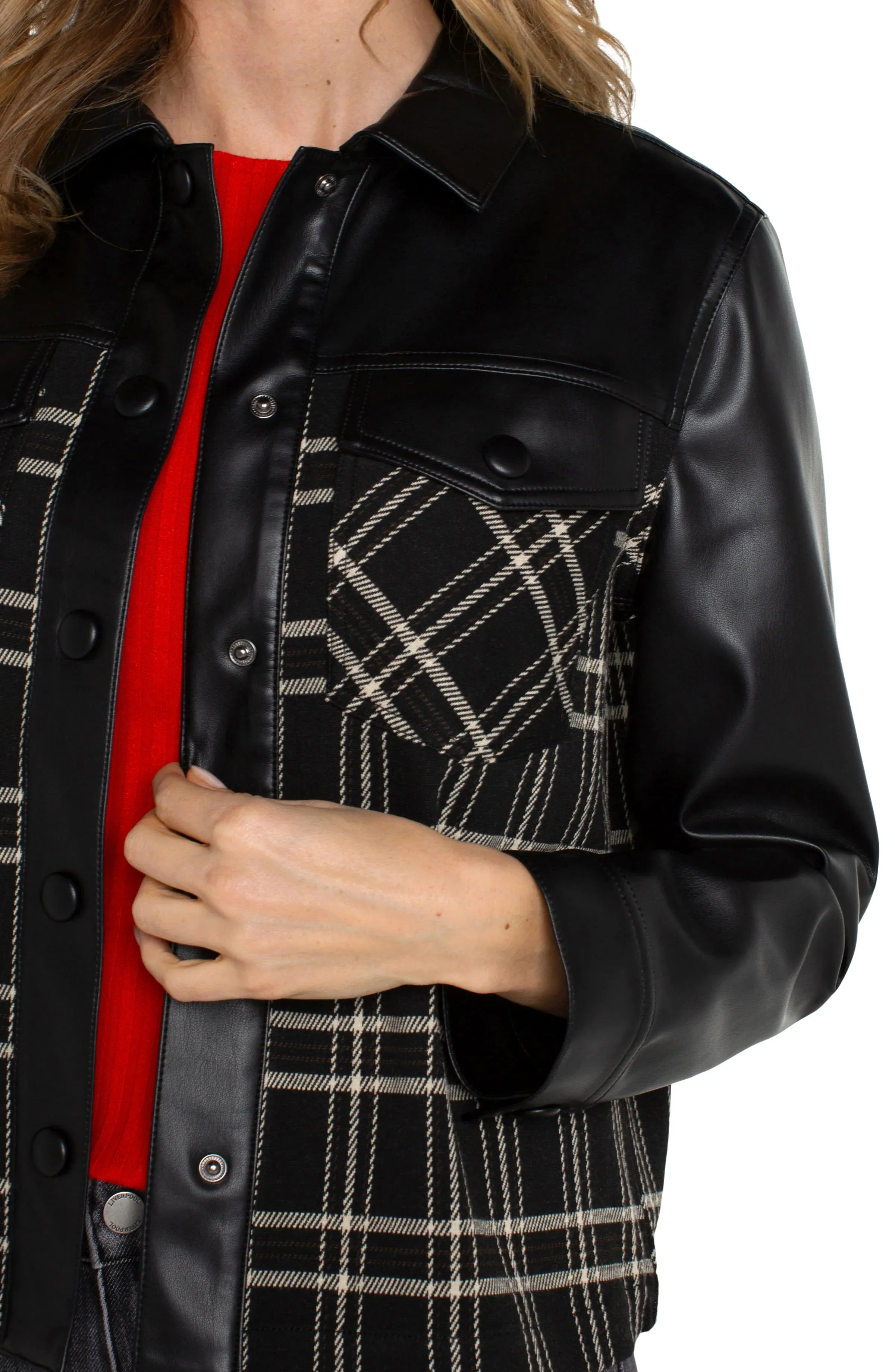 Shai Shirt Jacket with Blocking in Black Oatmeal Windowpane - Liverpool Los Angeles LM1082MZ17