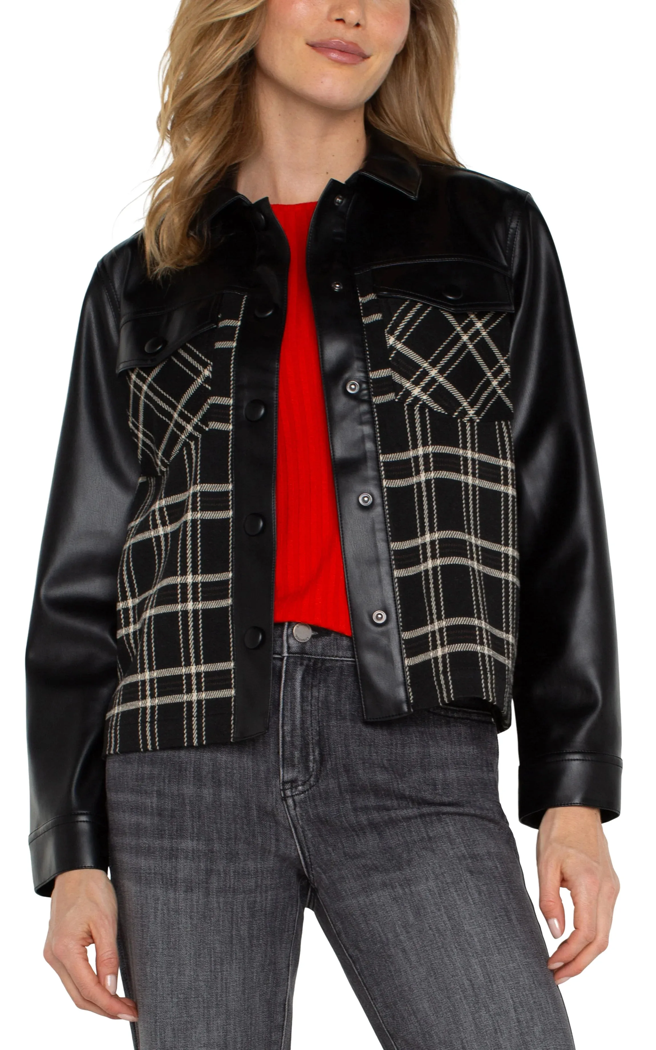 Shai Shirt Jacket with Blocking in Black Oatmeal Windowpane - Liverpool Los Angeles LM1082MZ17