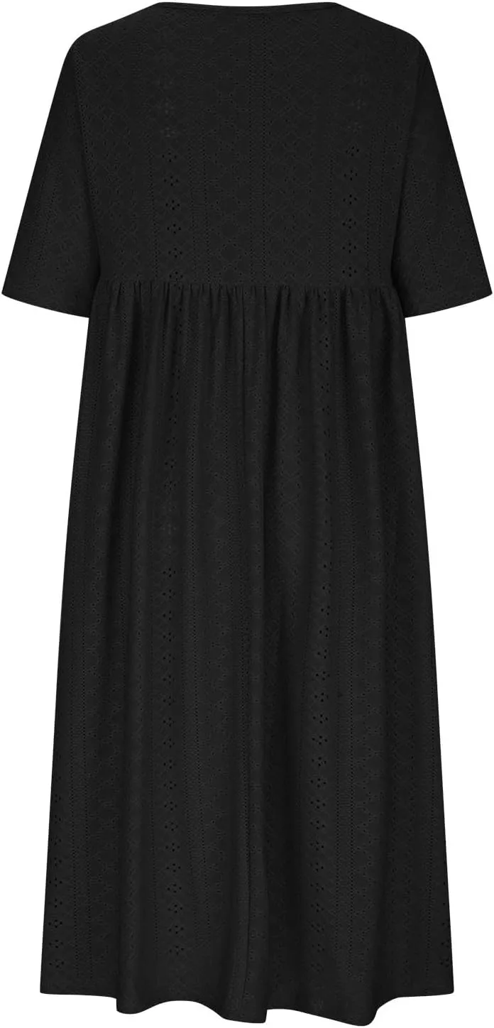 Sinzelimin Women Midi Dress Fashion Hollow Breathable Short Sleeves O-Neck Eyelet Mid-Calf Dress Summer Beach Casual Sundress