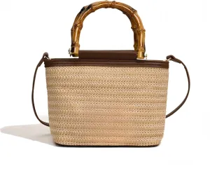 Straw Bag with Bamboo Handle Women Summer Beach Shoulder Top Handle Crossbody Purse Ladies' Tote Woven Bucket Bag Brown daily leisure shopping travel Crossbody Purse Structured Tote Bag