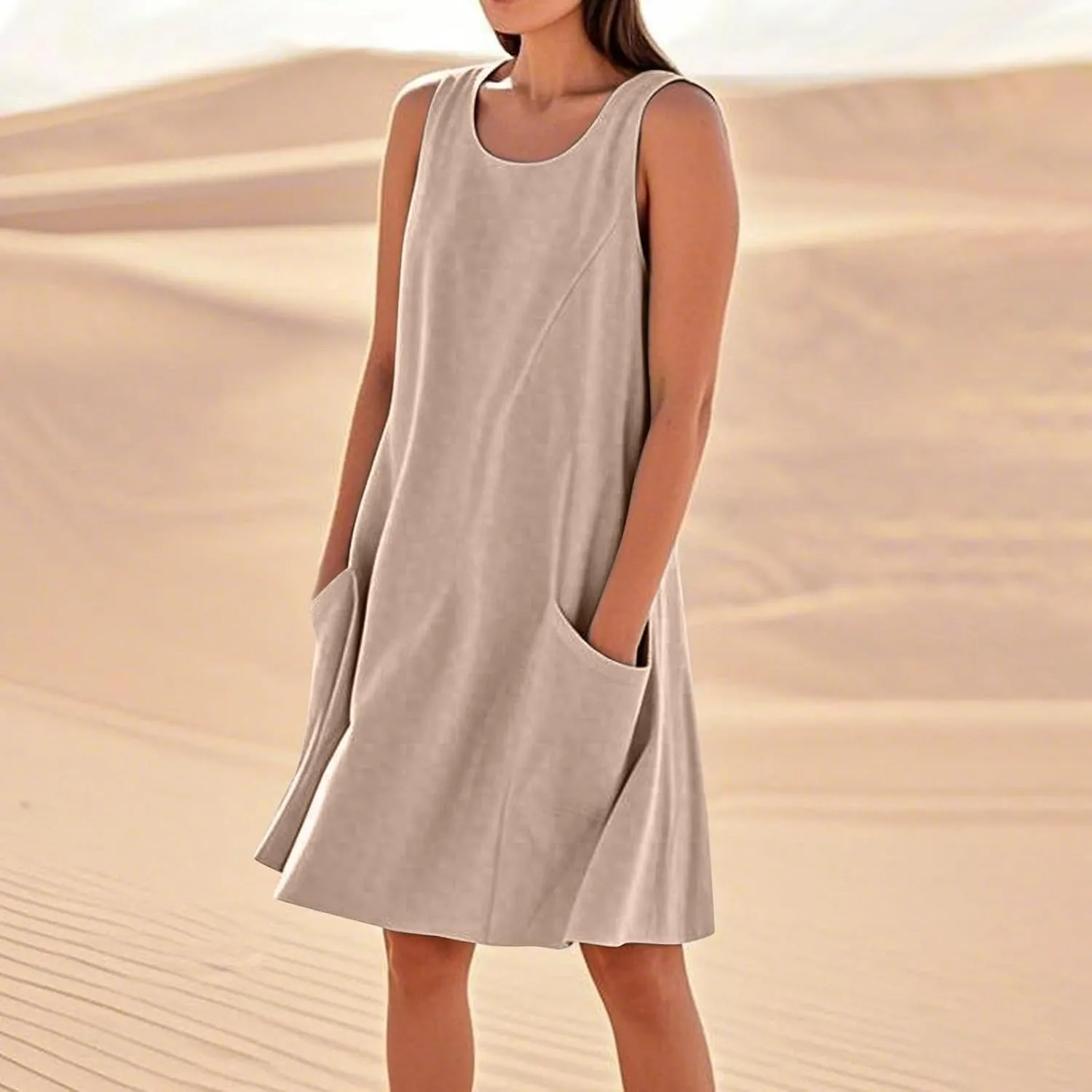 Summer Crinkle Linen Sundress for Women Sleeveless Tank Dress Breathable Beach Wedding Guest & Vacation Dress