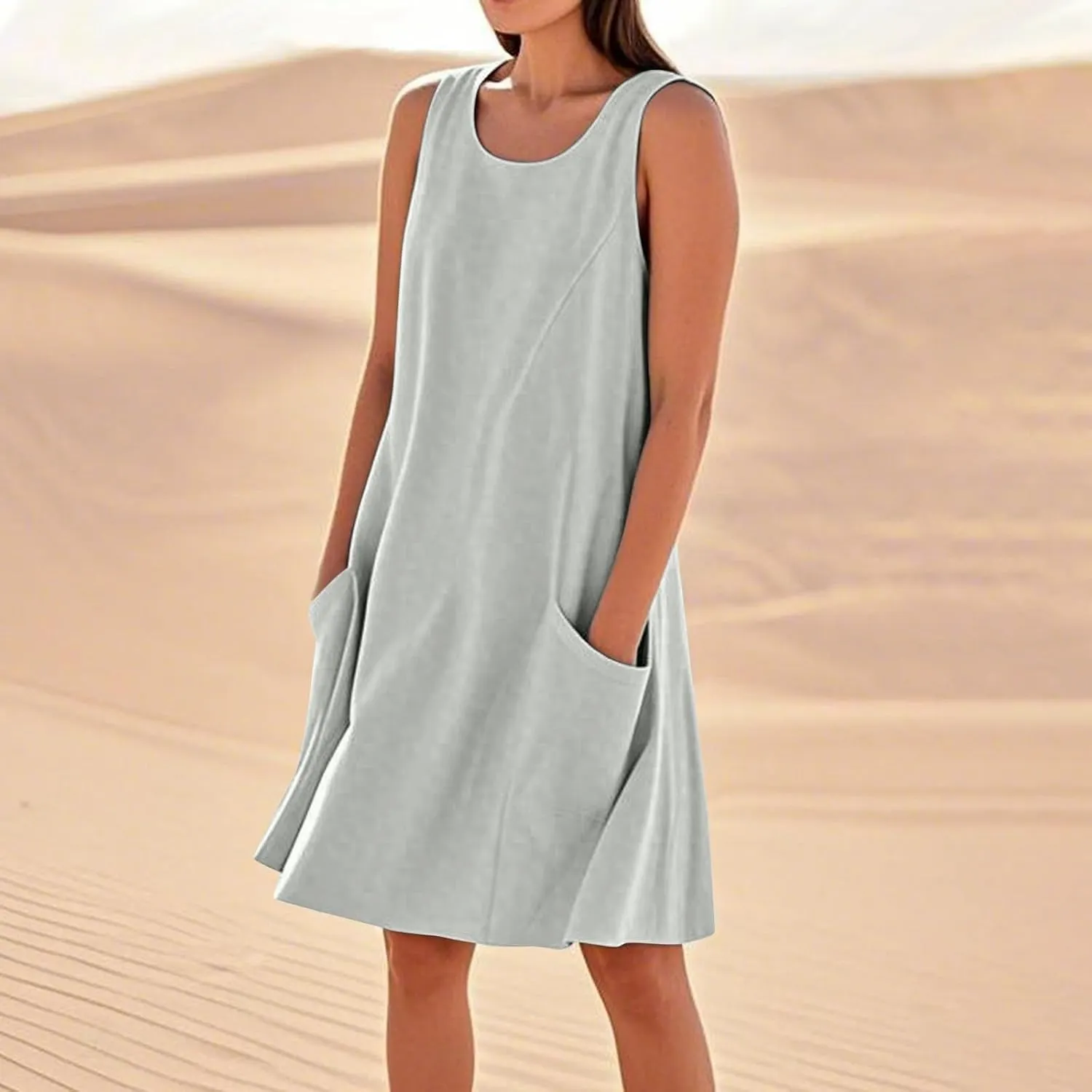 Summer Crinkle Linen Sundress for Women Sleeveless Tank Dress Breathable Beach Wedding Guest & Vacation Dress