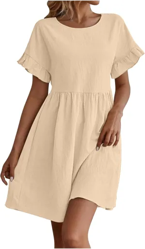 Summer Dresses for Women 2025 Vacation Short Sleeve Dress Casual Pleated Dress Crewneck Midi Dress Solid Color Dress