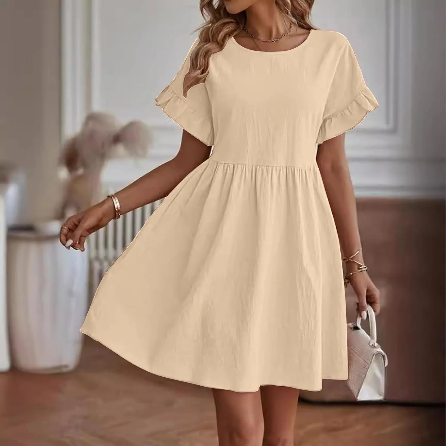 Summer Dresses for Women 2025 Vacation Short Sleeve Dress Casual Pleated Dress Crewneck Midi Dress Solid Color Dress