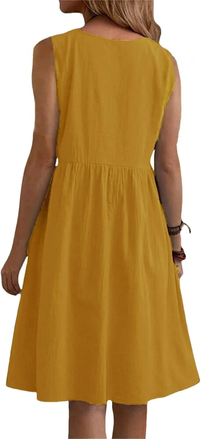 Summer Linen Dresses for Women Casual Crew Neck Sleeveless Mini Dress Cute Breathable Loose Fit Ruffle Hem Sundress