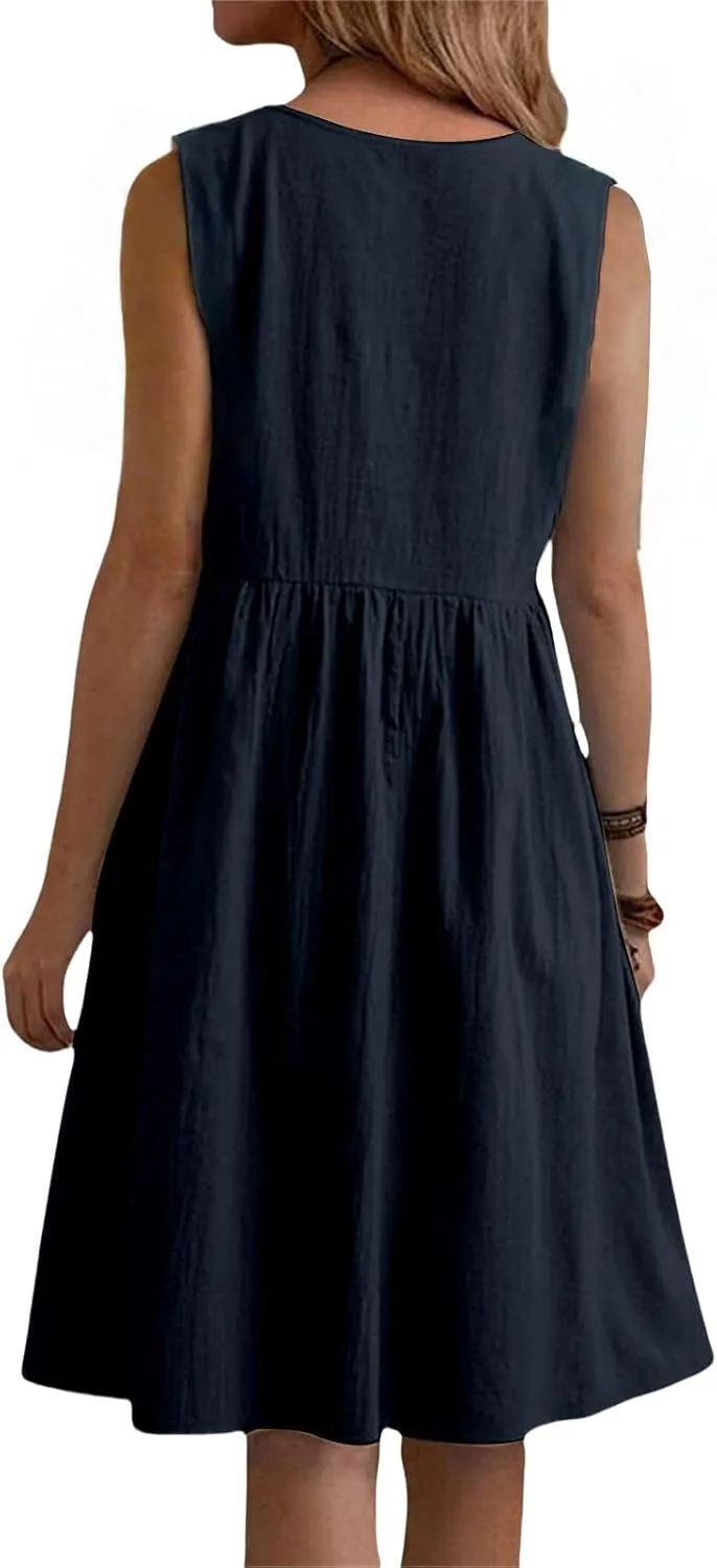 Summer Linen Dresses for Women Casual Crew Neck Sleeveless Mini Dress Cute Breathable Loose Fit Ruffle Hem Sundress