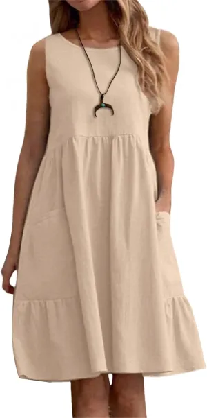 Summer Linen Dresses for Women Casual Crew Neck Sleeveless Mini Dress Cute Breathable Loose Fit Ruffle Hem Sundress