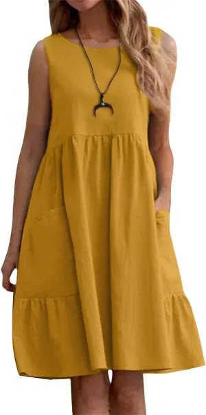 Summer Linen Dresses for Women Casual Crew Neck Sleeveless Mini Dress Cute Breathable Loose Fit Ruffle Hem Sundress