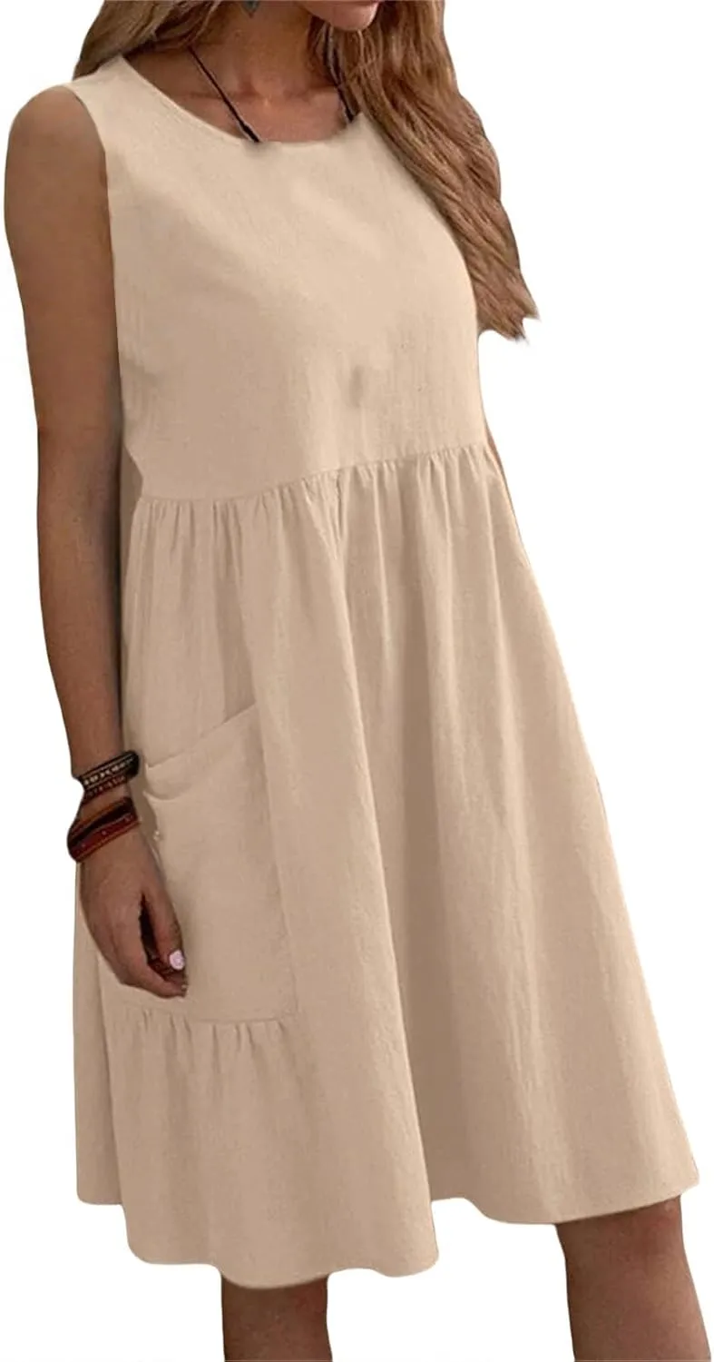 Summer Linen Dresses for Women Casual Crew Neck Sleeveless Mini Dress Cute Breathable Loose Fit Ruffle Hem Sundress