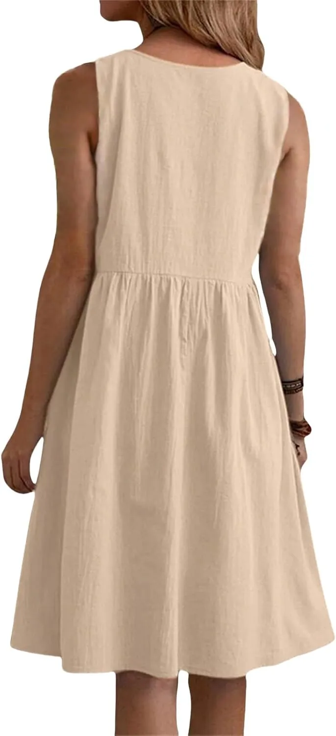 Summer Linen Dresses for Women Casual Crew Neck Sleeveless Mini Dress Cute Breathable Loose Fit Ruffle Hem Sundress