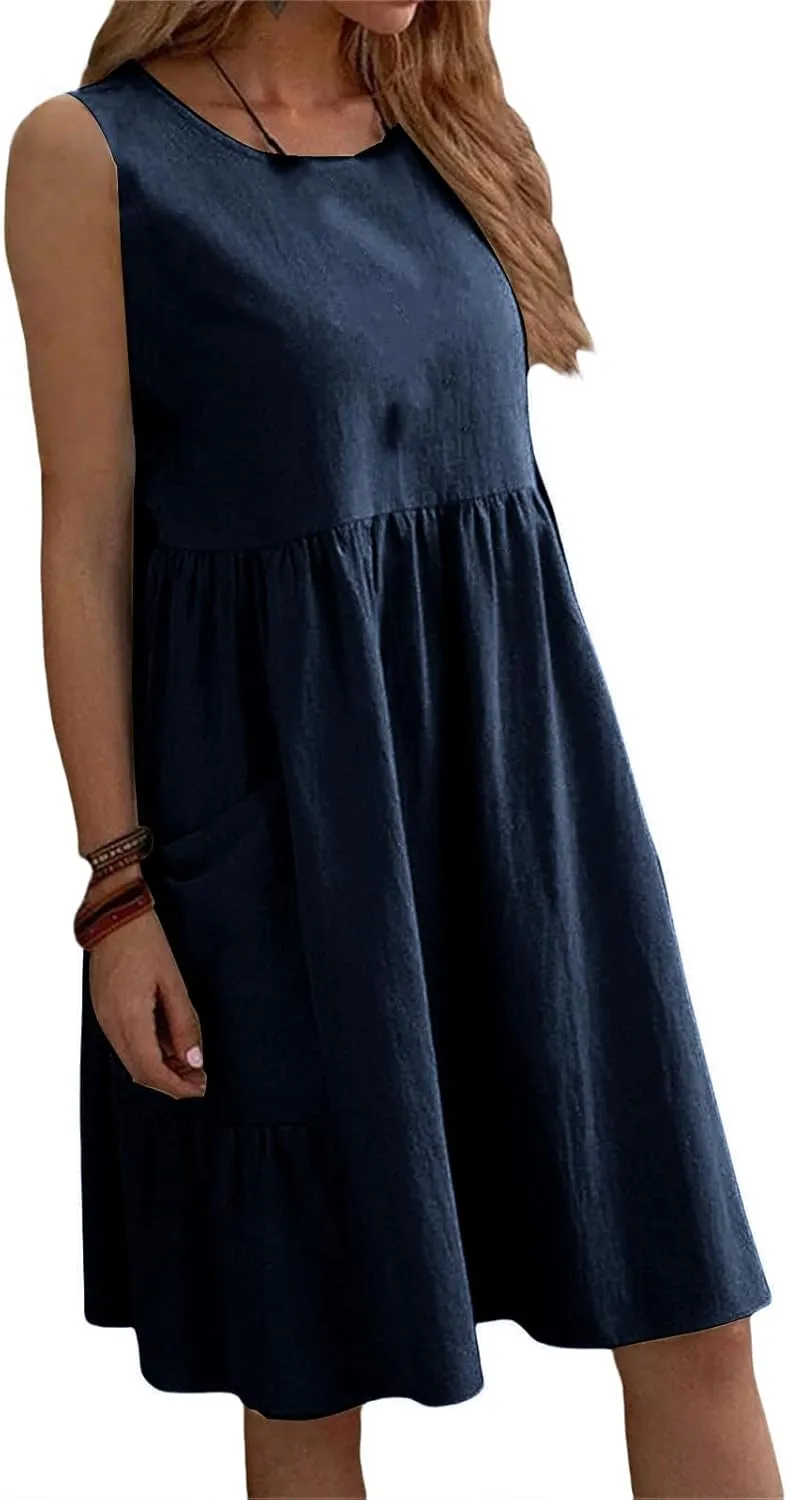 Summer Linen Dresses for Women Casual Crew Neck Sleeveless Mini Dress Cute Breathable Loose Fit Ruffle Hem Sundress
