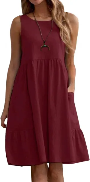 Summer Linen Dresses for Women Casual Crew Neck Sleeveless Mini Dress Cute Breathable Loose Fit Ruffle Hem Sundress