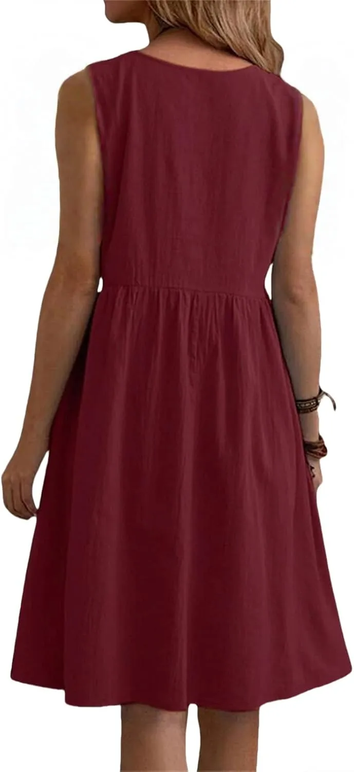 Summer Linen Dresses for Women Casual Crew Neck Sleeveless Mini Dress Cute Breathable Loose Fit Ruffle Hem Sundress