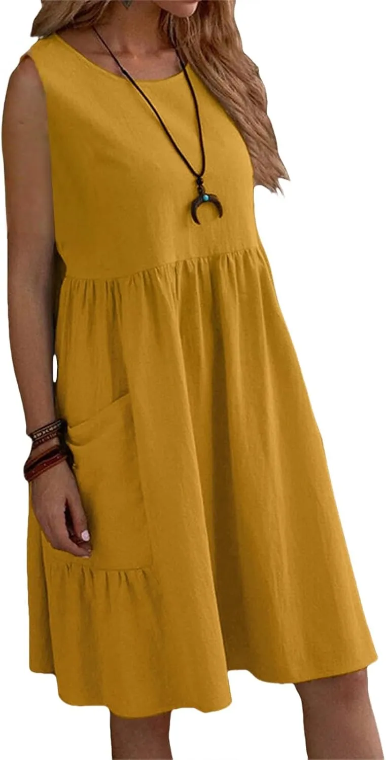 Summer Linen Dresses for Women Casual Crew Neck Sleeveless Mini Dress Cute Breathable Loose Fit Ruffle Hem Sundress