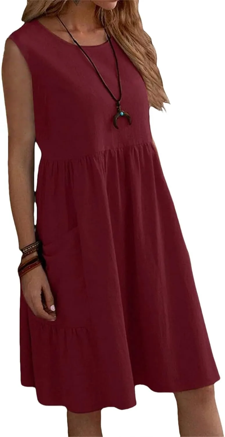 Summer Linen Dresses for Women Casual Crew Neck Sleeveless Mini Dress Cute Breathable Loose Fit Ruffle Hem Sundress