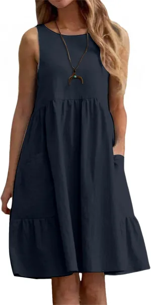 Summer Linen Dresses for Women Casual Crew Neck Sleeveless Mini Dress Cute Breathable Loose Fit Ruffle Hem Sundress