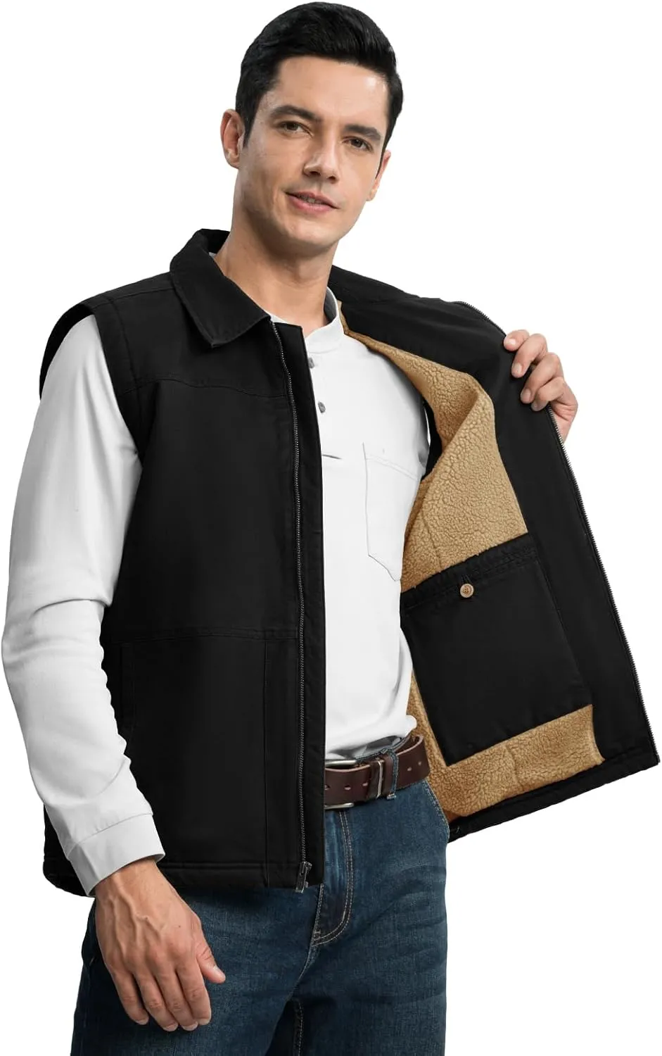 TBMPOY Men's Winter Vest Casual Sherpa Fleece lined Full Zip Lightweight Vest Outerwear Warm Cotton Travel Jackets
