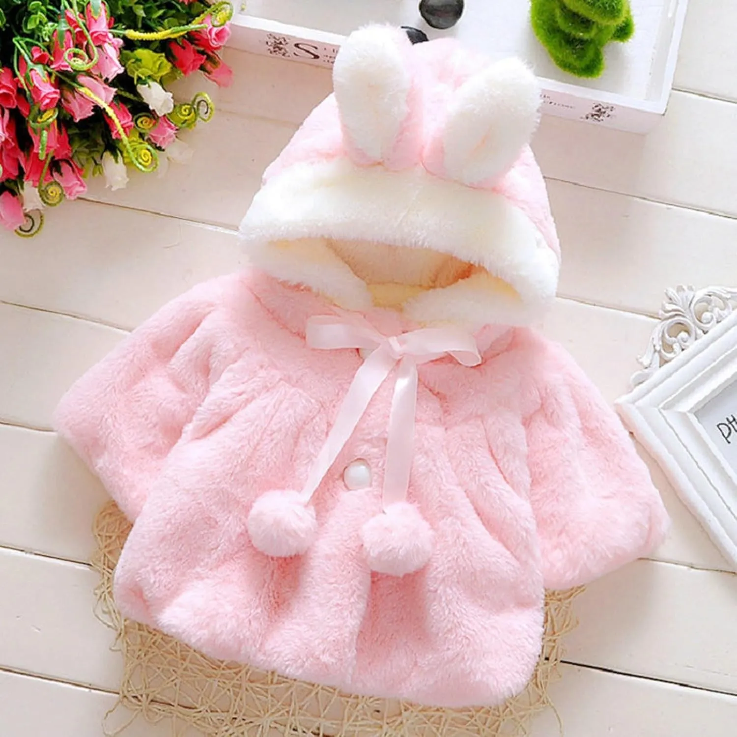 Toddler Baby Girls Winter Fleece Cape Cloak Coat Kids Cute Bunny Hooded Jackets Windproof Baby Warm Outwear Clothes