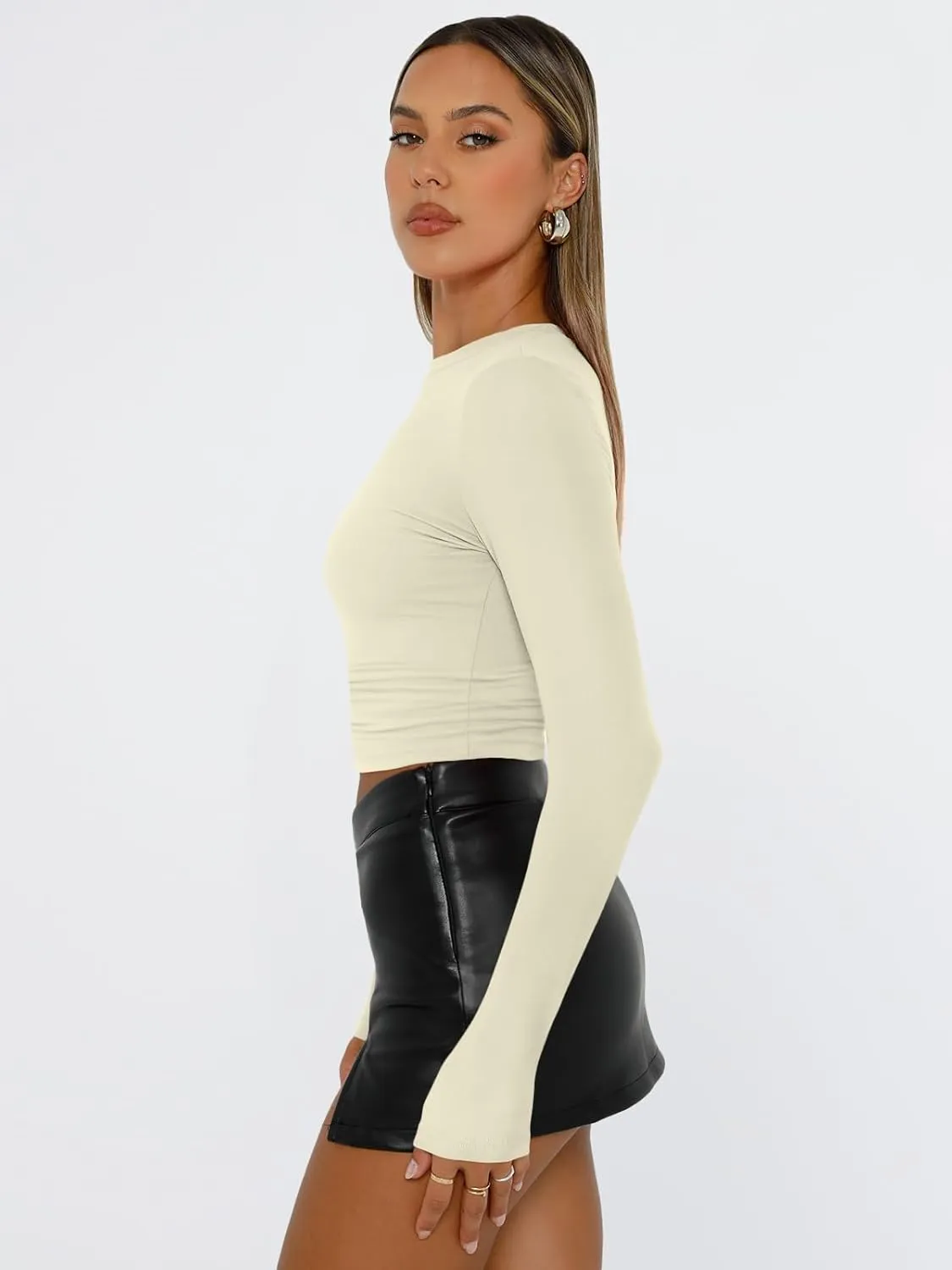 Trendy Queen Womens Long Sleeve Shirts Basic Tees Crop Tops Going Out Spring 2025 Workout Outfits Y2k Clothes