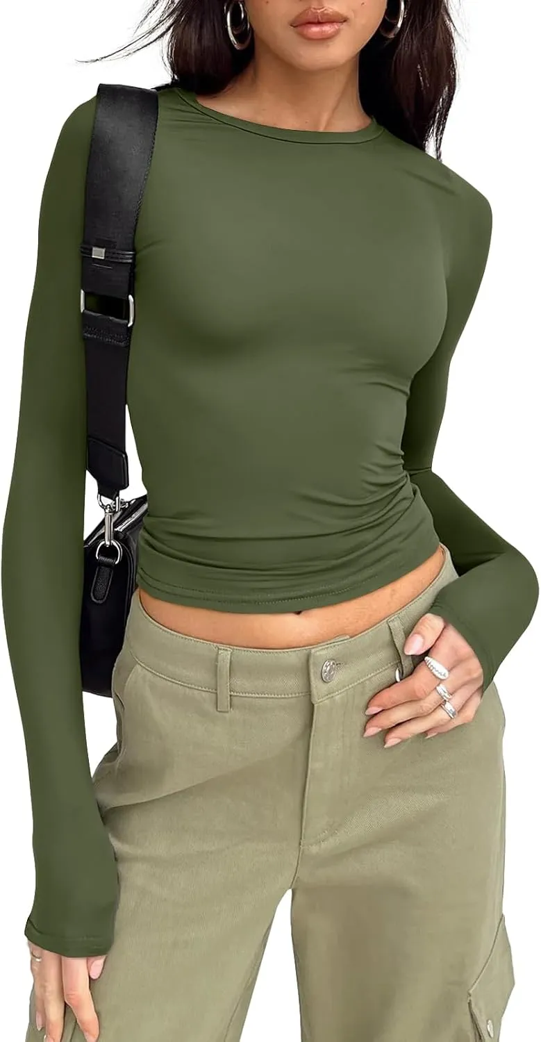 Trendy Queen Womens Long Sleeve Shirts Basic Tees Crop Tops Going Out Spring 2025 Workout Outfits Y2k Clothes