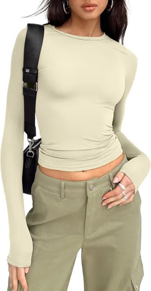 Trendy Queen Womens Long Sleeve Shirts Basic Tees Crop Tops Going Out Spring 2025 Workout Outfits Y2k Clothes