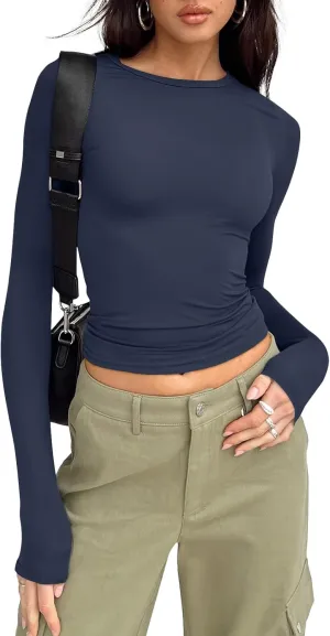 Trendy Queen Womens Long Sleeve Shirts Basic Tees Crop Tops Going Out Spring 2025 Workout Outfits Y2k Clothes