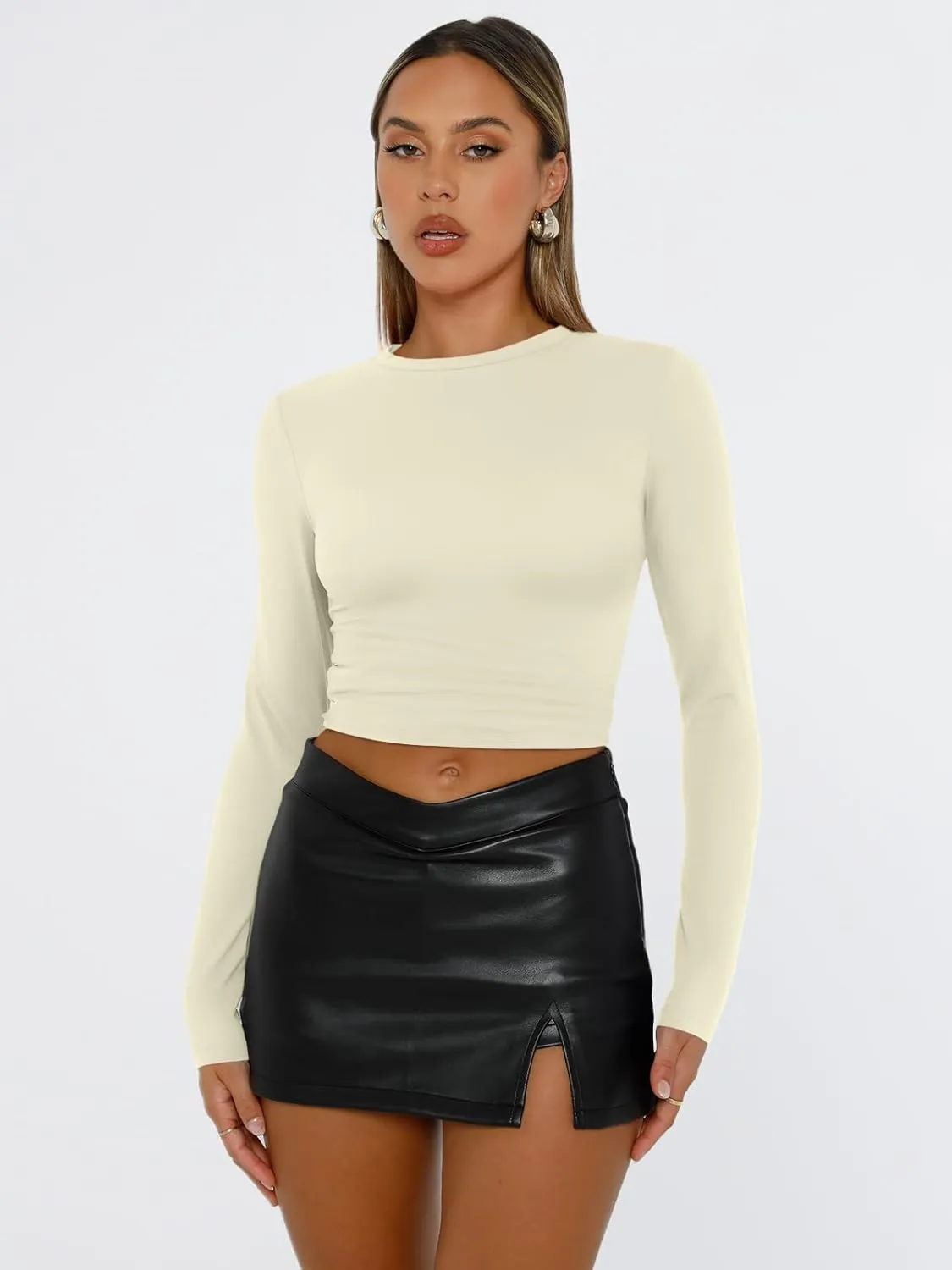 Trendy Queen Womens Long Sleeve Shirts Basic Tees Crop Tops Going Out Spring 2025 Workout Outfits Y2k Clothes