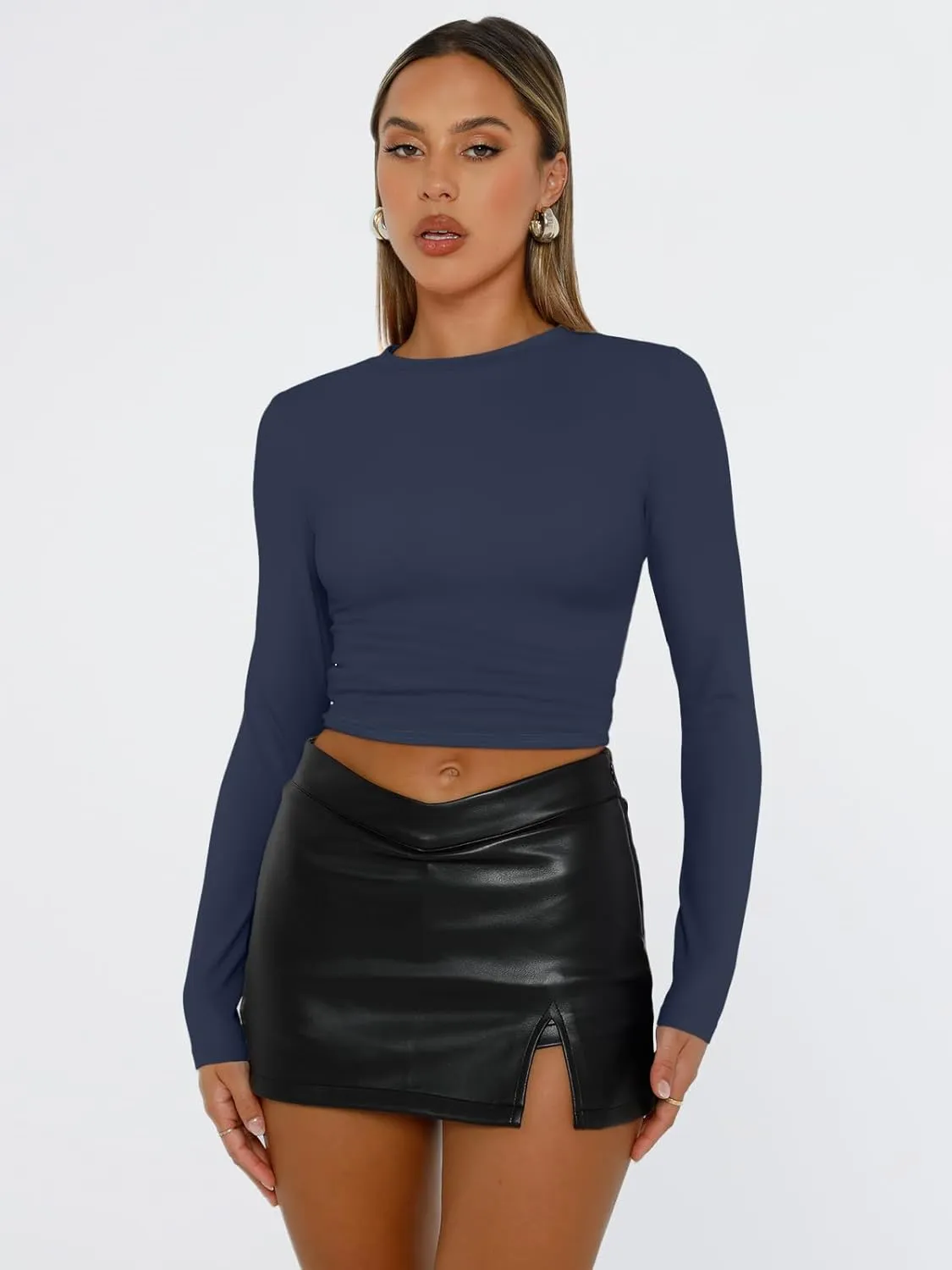 Trendy Queen Womens Long Sleeve Shirts Basic Tees Crop Tops Going Out Spring 2025 Workout Outfits Y2k Clothes