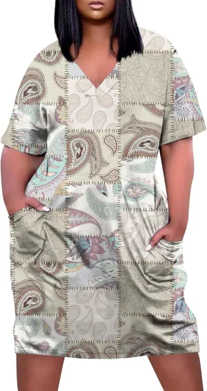 V-Neck Dress Ladies Loose Short Sleeve Trendy Knee Breathable Plus Size Women's Pocket Daily Dressy for Women