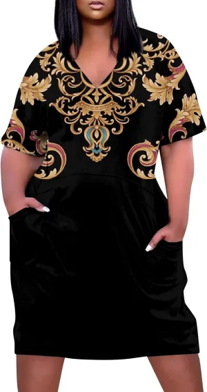 V-Neck Dress Ladies Loose Short Sleeve Trendy Knee Breathable Plus Size Women's Pocket Daily Dressy for Women