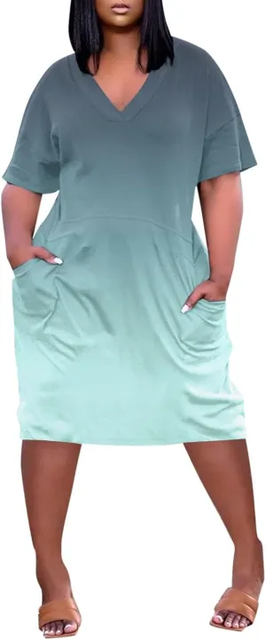 V-Neck Dress Ladies Loose Short Sleeve Trendy Knee Breathable Plus Size Women's Pocket Daily Dressy for Women