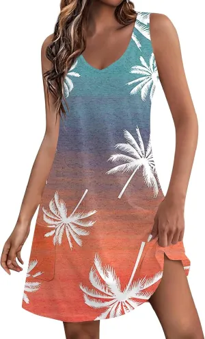 V Neck Dress Womens Breathable Sleeveless Daily Floral Print Dressy with Pockets Ladies Sundress Beach Boho Dress