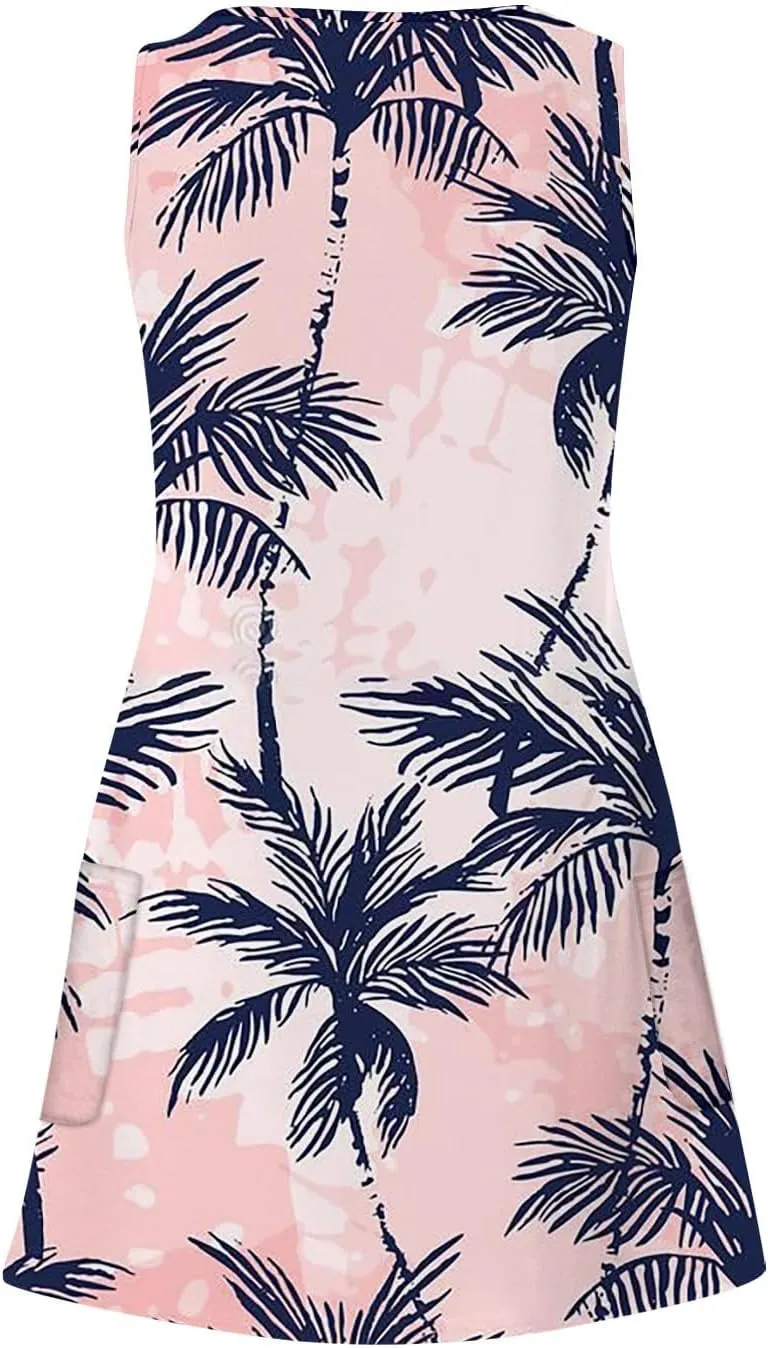 V Neck Dress Womens Breathable Sleeveless Daily Floral Print Dressy with Pockets Ladies Sundress Beach Boho Dress