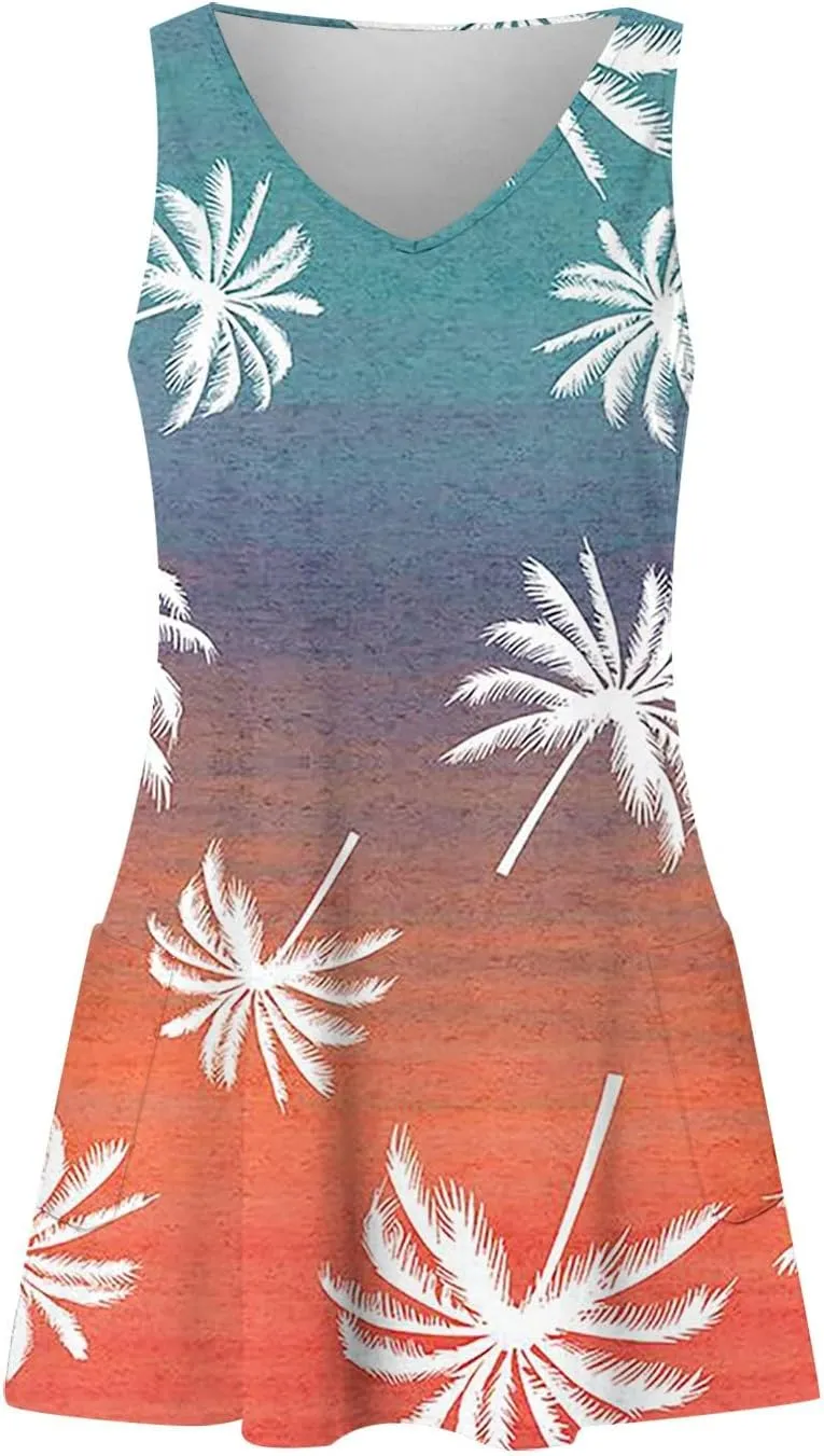 V Neck Dress Womens Breathable Sleeveless Daily Floral Print Dressy with Pockets Ladies Sundress Beach Boho Dress