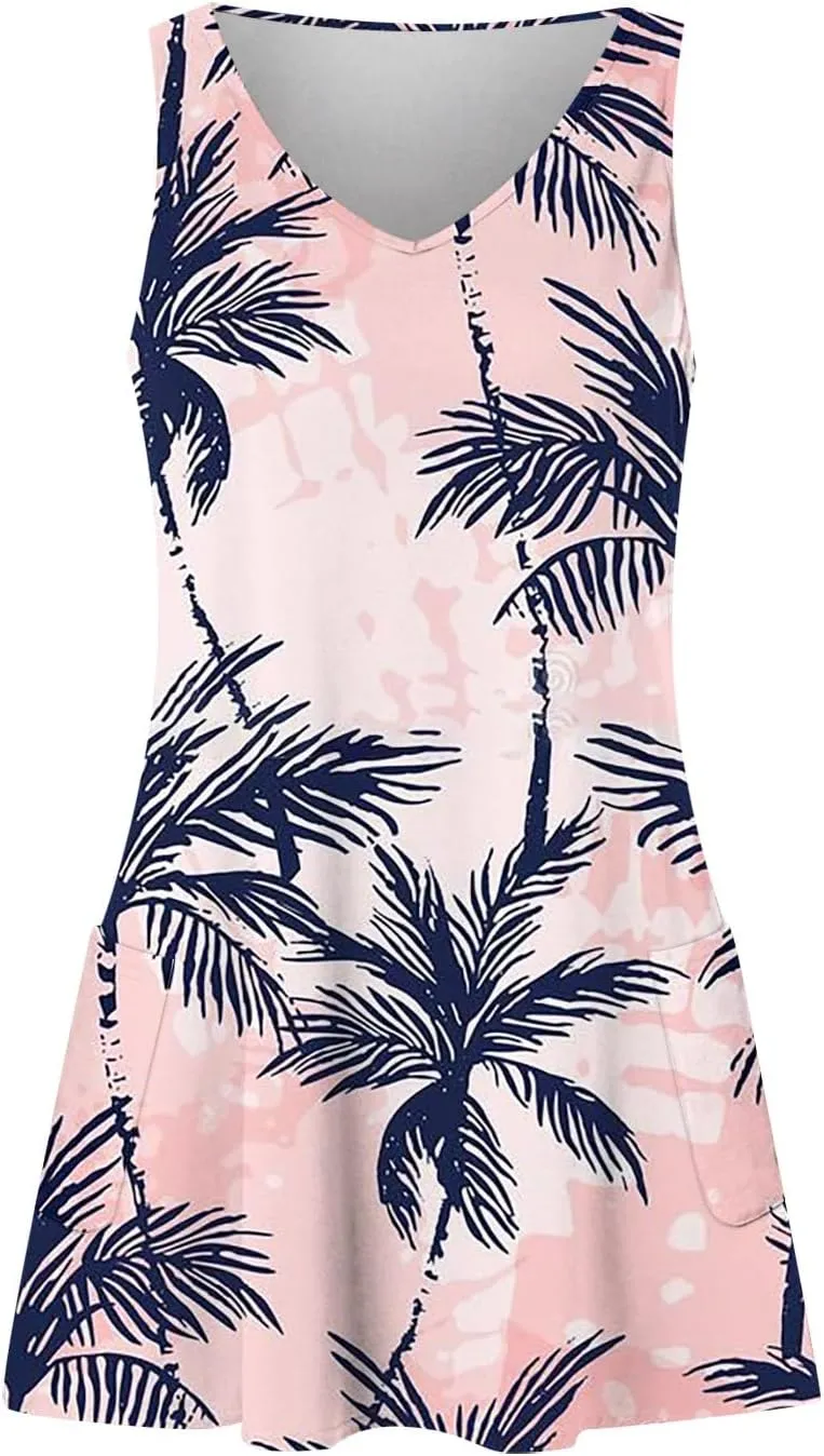 V Neck Dress Womens Breathable Sleeveless Daily Floral Print Dressy with Pockets Ladies Sundress Beach Boho Dress