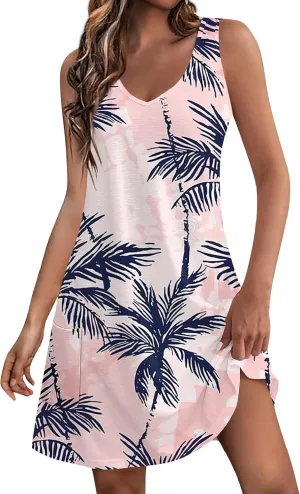 V Neck Dress Womens Breathable Sleeveless Daily Floral Print Dressy with Pockets Ladies Sundress Beach Boho Dress