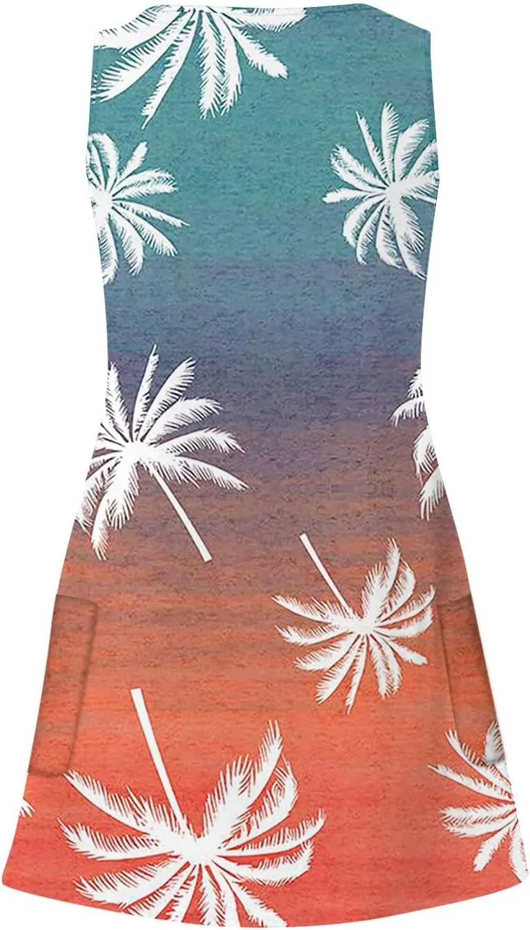 V Neck Dress Womens Breathable Sleeveless Daily Floral Print Dressy with Pockets Ladies Sundress Beach Boho Dress