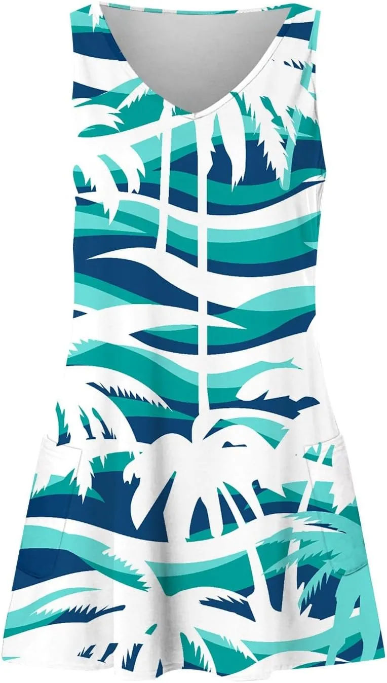 V Neck Dress Womens Breathable Sleeveless Daily Floral Print Dressy with Pockets Ladies Sundress Beach Boho Dress