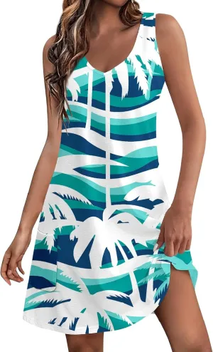 V Neck Dress Womens Breathable Sleeveless Daily Floral Print Dressy with Pockets Ladies Sundress Beach Boho Dress