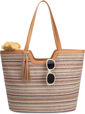 VASCHY Straw Beach Tote Bag for Women, Cute Trendy Woven Crochet Raffia Summer Shoulder Handbags Purses for Travel Vacation