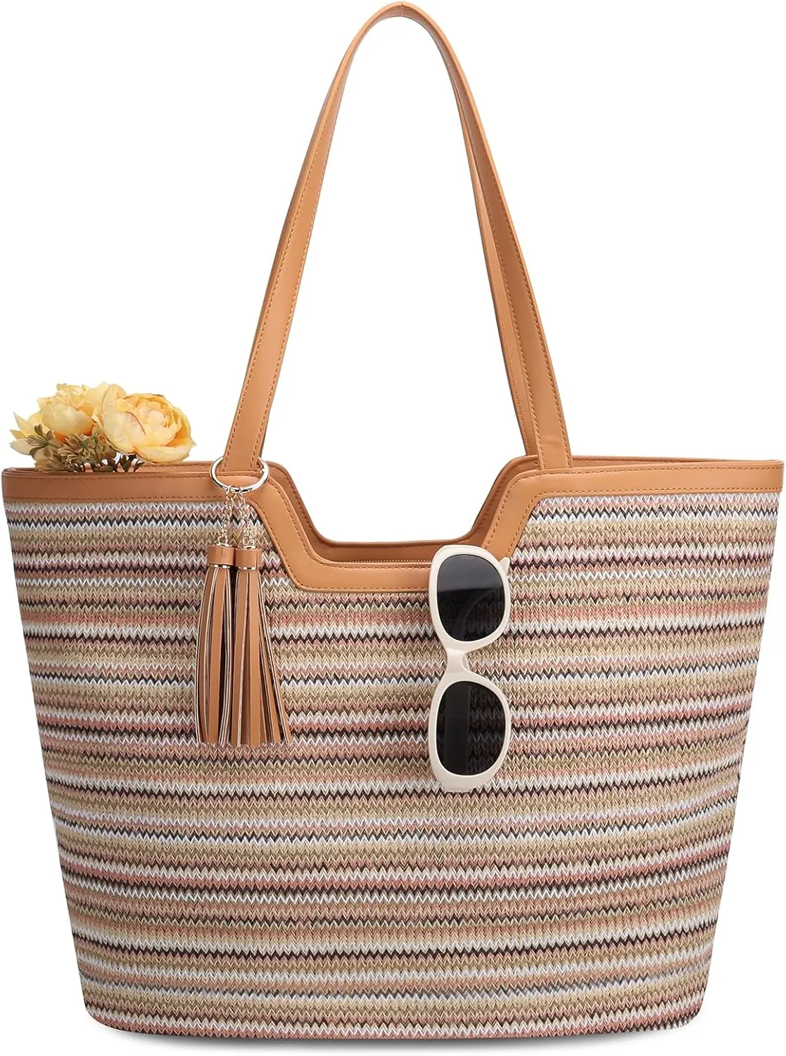 VASCHY Straw Beach Tote Bag for Women, Cute Trendy Woven Crochet Raffia Summer Shoulder Handbags Purses for Travel Vacation