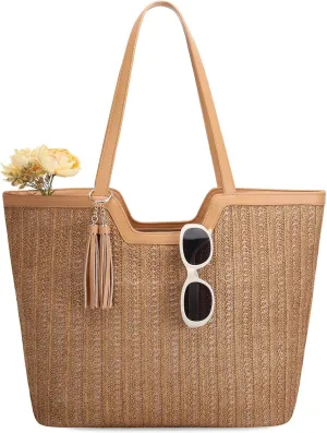 VASCHY Straw Beach Tote Bag for Women, Cute Trendy Woven Crochet Raffia Summer Shoulder Handbags Purses for Travel Vacation