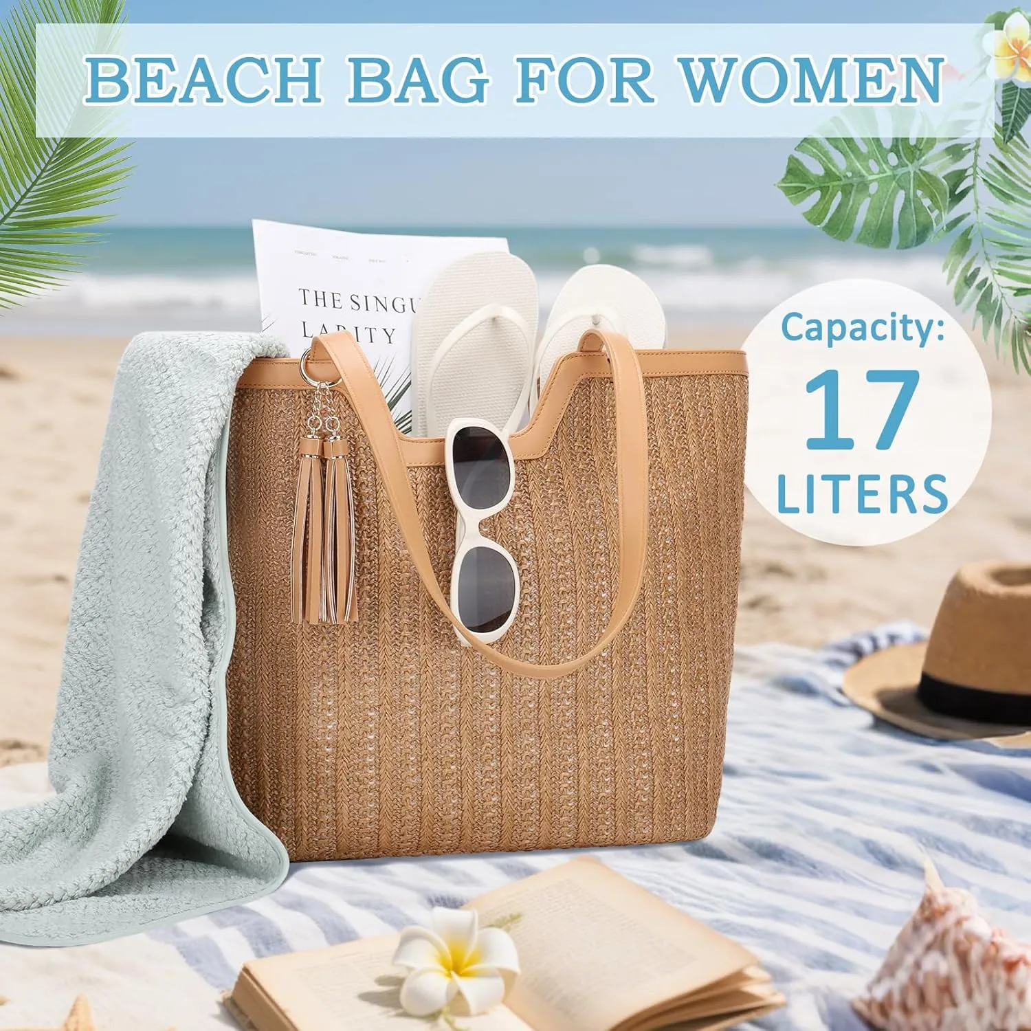 VASCHY Straw Beach Tote Bag for Women, Cute Trendy Woven Crochet Raffia Summer Shoulder Handbags Purses for Travel Vacation