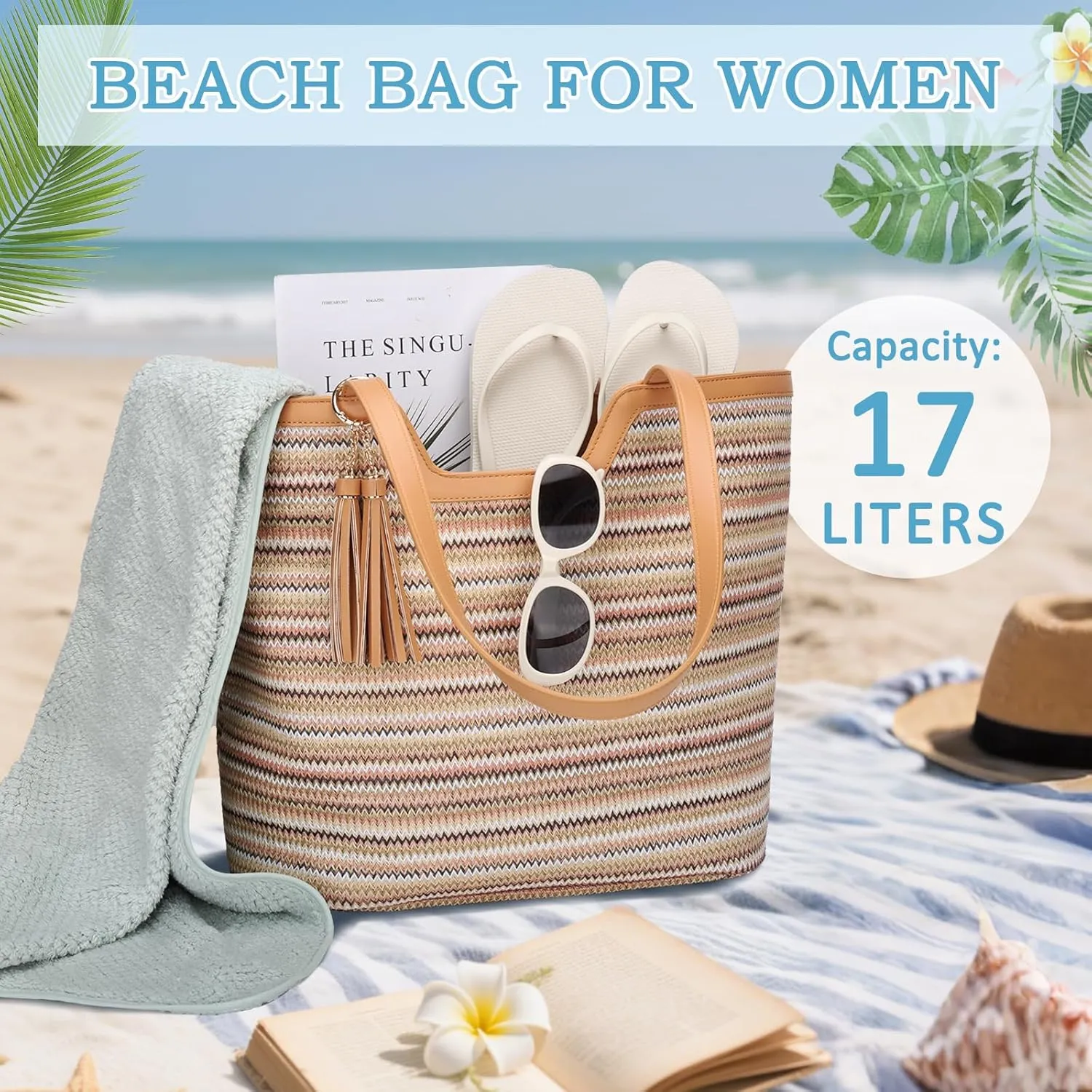 VASCHY Straw Beach Tote Bag for Women, Cute Trendy Woven Crochet Raffia Summer Shoulder Handbags Purses for Travel Vacation